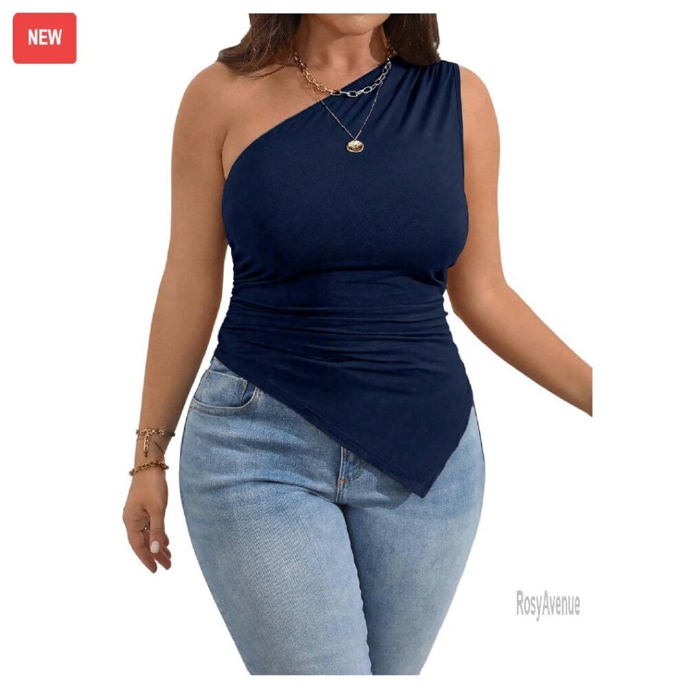 Plus Size One Shoulder Ruched Tank Top Asymmetrical Hem Going Out